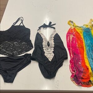 Women’s swimsuits and coverup bundle lot set.
